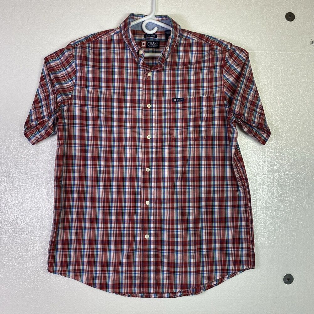 Chaps Ralph Lauren Shirt Mens L/G Red Plaid Easy Care Short Sleeve Button‎ Front